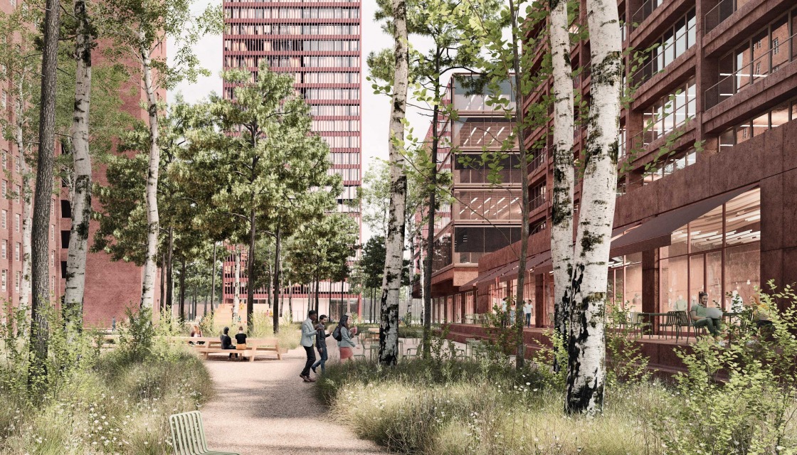 Rendering of the new Look of Siemensstadt Square with green nature between modern architecture